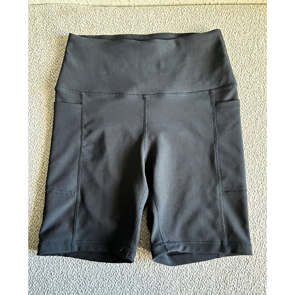 Danskin Women's S/P Black High Rise Ribbed Biker Shorts Side Pockets